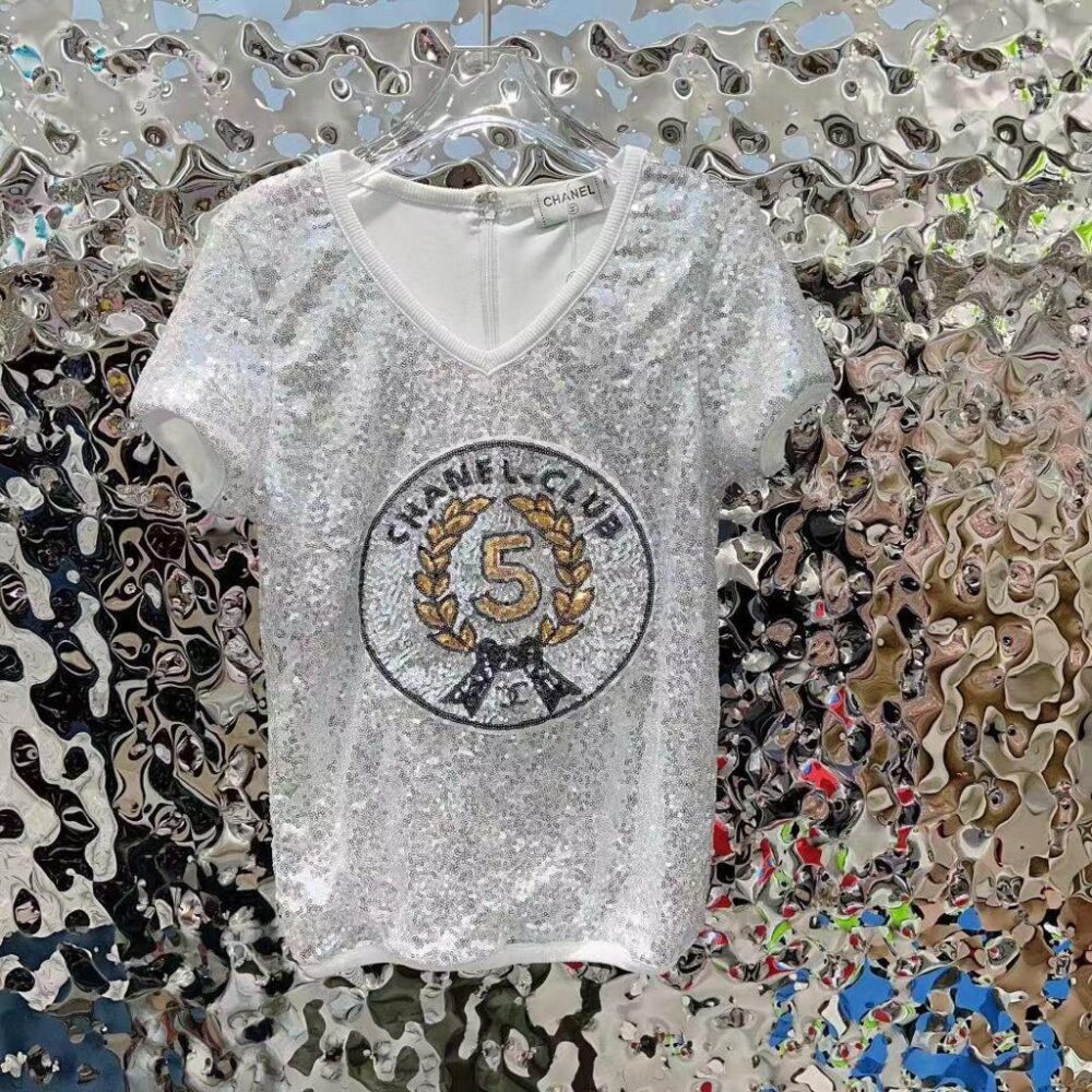 Chanel Club No.5 Silver Sequin T-Shirt | Luxury Women's Top