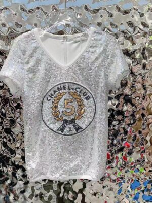 WhatsApp Image 2026-03-07 at 5.05.32 PM (1) Chanel Club No.5 Silver Sequin T-Shirt | Luxury Women's Top