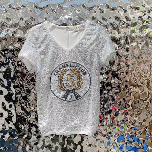 Chanel Club No.5 Silver Sequin T-Shirt | Luxury Women's Top