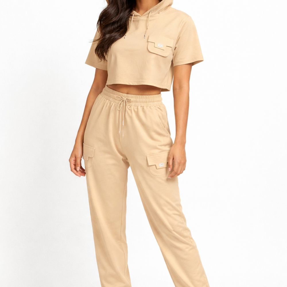 Fendi FF Logo Beige Crop Hoodie & Jogger Co-Ord Set — Women's Luxury Tracksuit