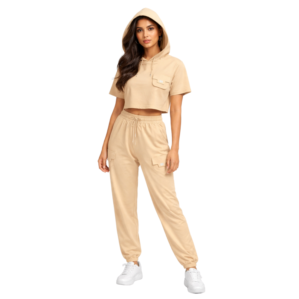 Fendi FF Logo Beige Crop Hoodie & Jogger Co-Ord Set — Women's Luxury Tracksuit