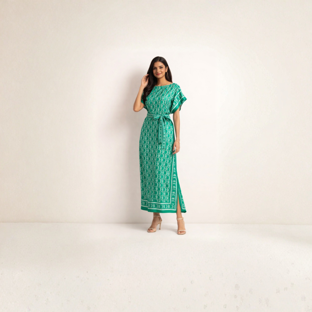 Emerald Green Monogram Print Satin Maxi Dress  with Self-Tie Belt