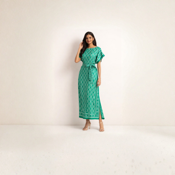 Emerald Green Monogram Print Satin Maxi Dress  with Self-Tie Belt