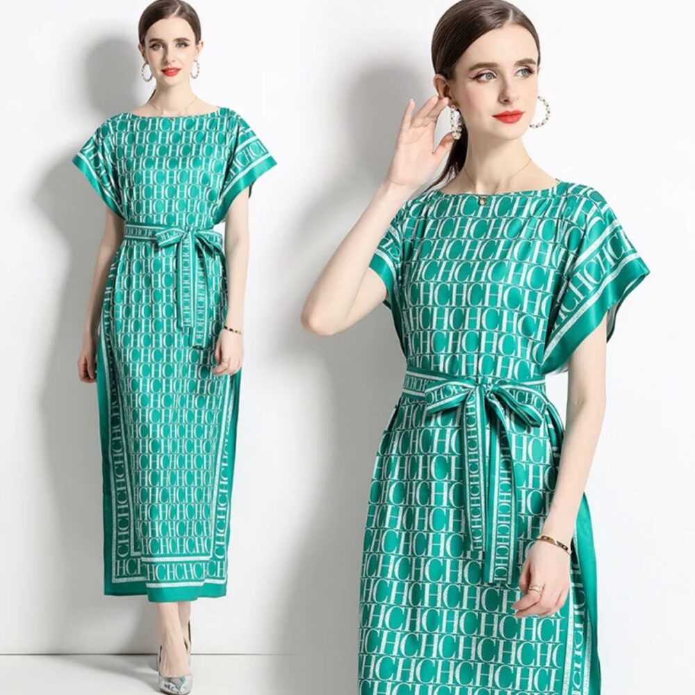 Emerald Green Monogram Print Satin Maxi Dress  with Self-Tie Belt