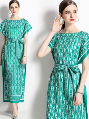WhatsApp Image 2026-03-07 at 5.05.30 PM (1) Emerald Green Monogram Print Satin Maxi Dress with Self-Tie Belt