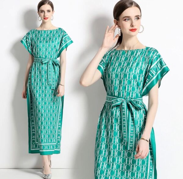 Emerald Green Monogram Print Satin Maxi Dress  with Self-Tie Belt