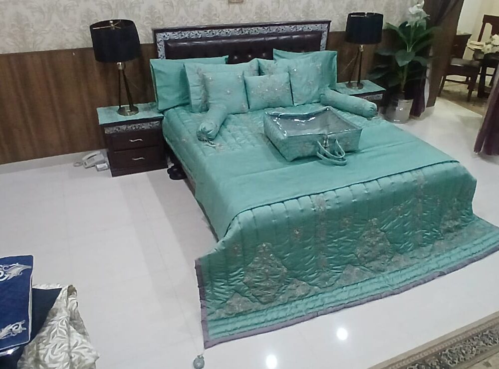 Luxury Embroidered Silk Satin Bedding Set | 12-Piece Teal Queen/King Comforter Set with Quilted Bedspread, Embroidered Pillowcases & Decorative Cushions