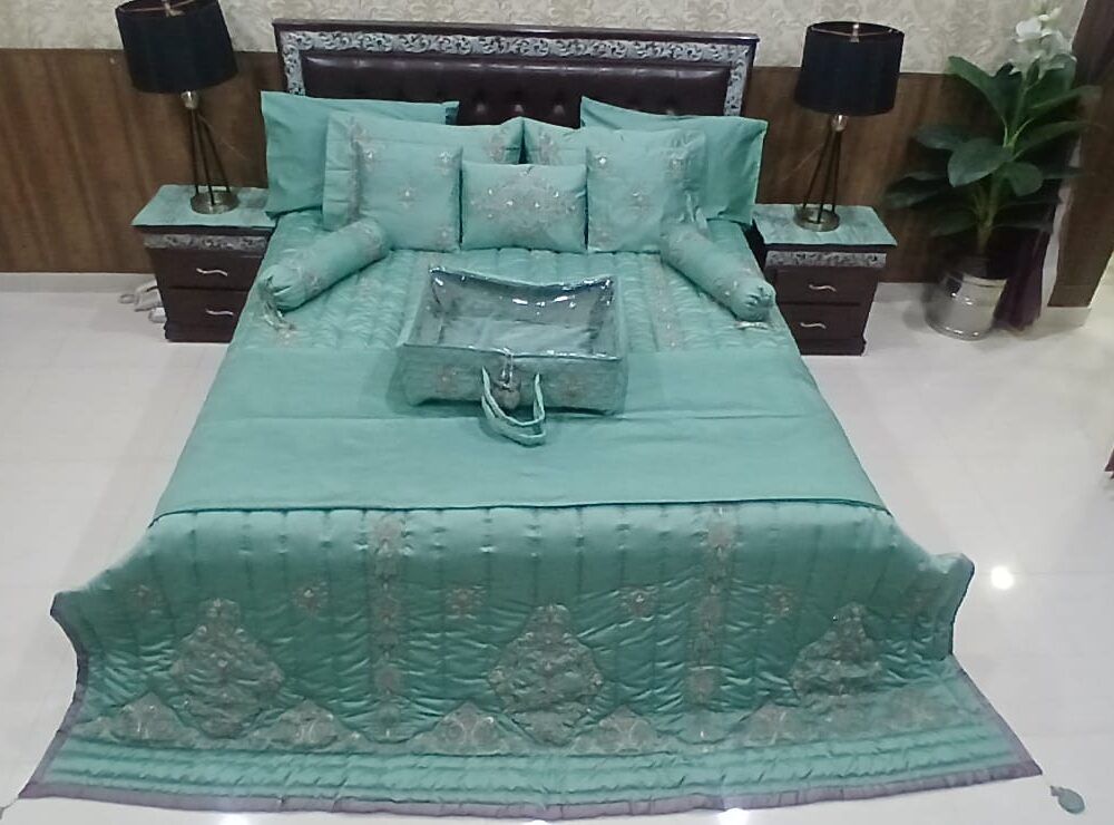 Luxury Embroidered Silk Satin Bedding Set | 12-Piece Teal Queen/King Comforter Set with Quilted Bedspread, Embroidered Pillowcases & Decorative Cushions