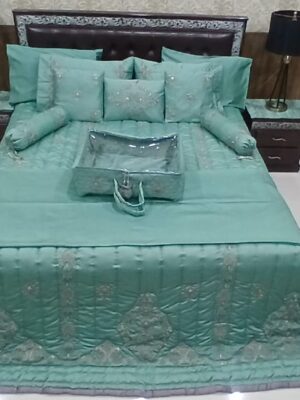 Luxury Embroidered Silk Satin Bedding Set | 12-Piece Teal Queen/King Comforter Set with Quilted Bedspread, Embroidered Pillowcases & Decorative Cushions