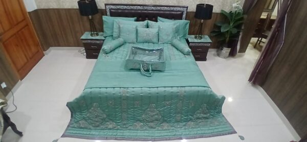 Luxury Embroidered Silk Satin Bedding Set | 12-Piece Teal Queen/King Comforter Set with Quilted Bedspread, Embroidered Pillowcases & Decorative Cushions