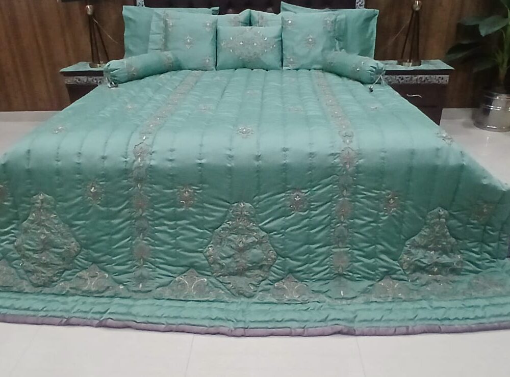 Luxury Embroidered Silk Satin Bedding Set | 12-Piece Teal Queen/King Comforter Set with Quilted Bedspread, Embroidered Pillowcases & Decorative Cushions
