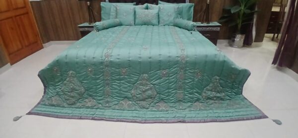 Luxury Embroidered Silk Satin Bedding Set | 12-Piece Teal Queen/King Comforter Set with Quilted Bedspread, Embroidered Pillowcases & Decorative Cushions